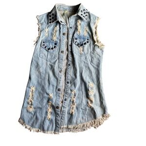 36point5 Denim Vest/Tunic Women Medium Light Blue Studded Distressed Punk